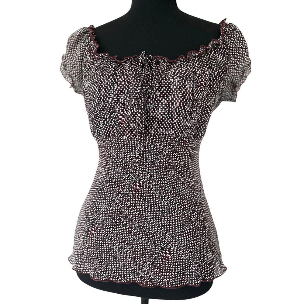 Vintage Y2K Sheer Mesh Puff Sleeve Blouse Burgundy Black Tie back Top Peasent L